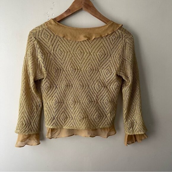 Karen Millen metallic gold silk tie front ruffle double layer cardigan size 1 XS - Picture 2 of 9